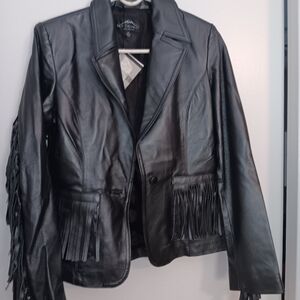 Elegant Black Leather Fringe Jacket